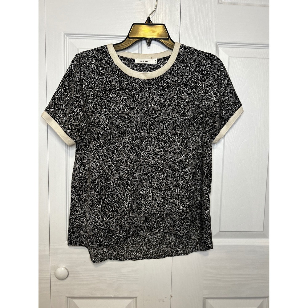 Mod Ref Womens Small Black Cream Paisley Floral Ringer Short Sleeve Blouse Top
